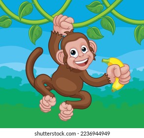 A monkey cartoon character singing on jungle vines with banana 