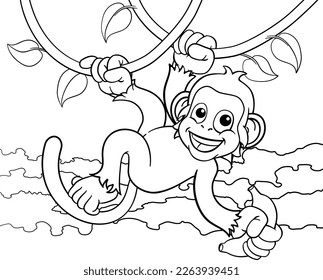 A monkey cartoon character singing on jungle vines with banana 