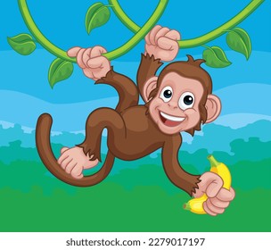 A monkey cartoon character singing on jungle vines with banana 