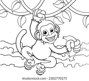 Caricatura de un mono cantando en viñas de la selva con plátano 