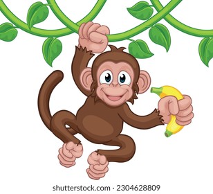 A monkey cartoon character singing on jungle vines with banana 