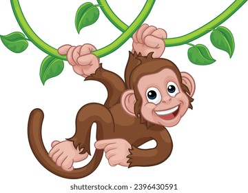 A monkey cartoon character singing on jungle vines and pointing