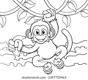 A monkey cartoon character singing on jungle vines with banana 