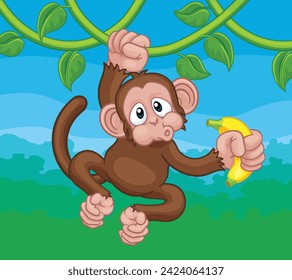 A monkey cartoon character singing on jungle vines with banana 