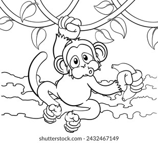 A monkey cartoon character singing on jungle vines with banana 