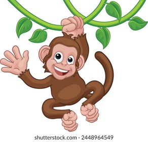 A monkey cartoon character singing on jungle vines and waving