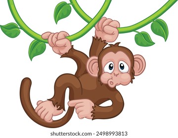 A monkey cartoon character singing on jungle vines and pointing