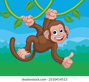 A monkey cartoon character singing on jungle vines and giving a thumbs up
