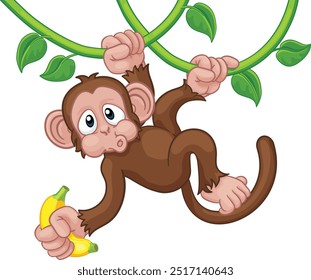 Um personagem de desenho animado macaco cantando em videiras da selva com banana 