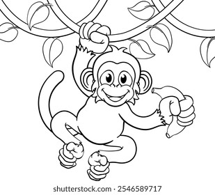 Um personagem de desenho animado macaco cantando em videiras da selva com banana 