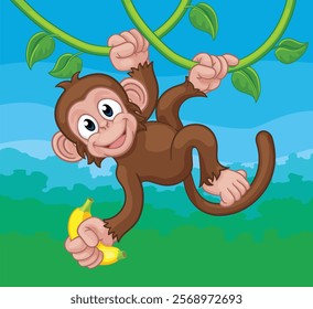 A monkey cartoon character singing on jungle vines with banana 