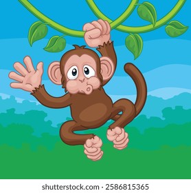 A monkey cartoon character singing on jungle vines and waving