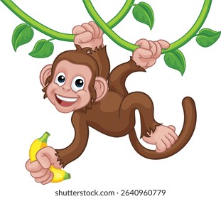 A monkey cartoon character singing on jungle vines with banana 