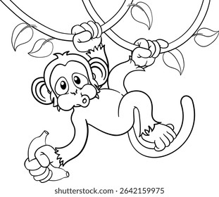 A monkey cartoon character singing on jungle vines with banana 
