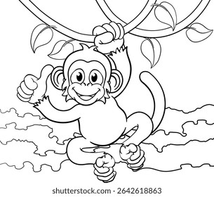 A monkey cartoon character singing on jungle vines and giving a thumbs up