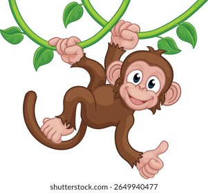 A monkey cartoon character singing on jungle vines and giving a thumbs up
