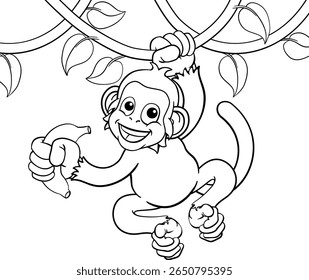 A monkey cartoon character singing on jungle vines with banana 