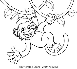 A monkey cartoon character singing on jungle vines and waving