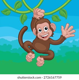 Um macaco personagem de desenho animado cantando em videiras da selva e acenando