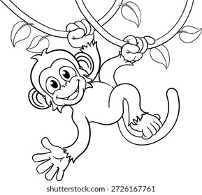 Um macaco personagem de desenho animado cantando em videiras da selva e acenando