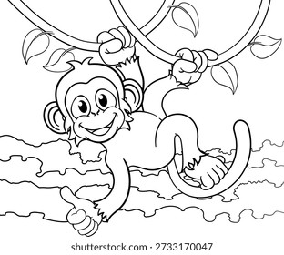 Um macaco personagem de desenho animado cantando em videiras da selva e dando um polegar para cima