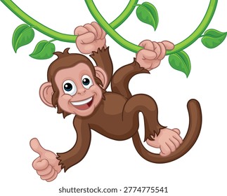 A monkey cartoon character singing on jungle vines and giving a thumbs up