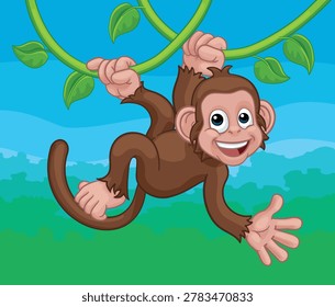 A monkey cartoon character singing on jungle vines and waving