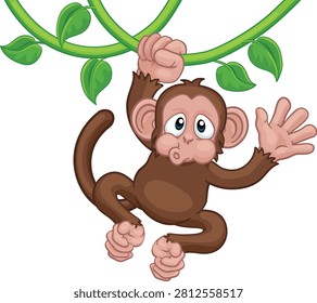 A monkey cartoon character singing on jungle vines and waving