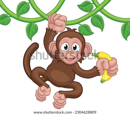 A monkey cartoon character singing on jungle vines with banana 