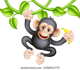 A monkey or cartoon chimpanzee ape jungle animal on vines with a banana