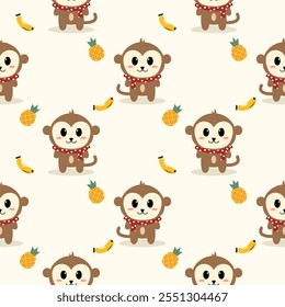Monkey cartoon so cute. On banana pineapple background. Pattern seamless vector illustration. 