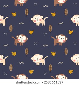 Monkey cartoon so cute. On tree banana blue background. Pattern seamless vector illustration. 