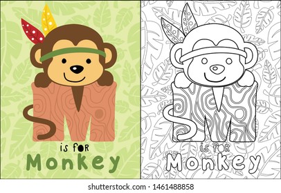 Monkey cartoon with feather headdress hugging M letter on leaves seamless pattern background, coloring book or page