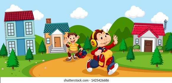 Monkey cartoon going to school illustration