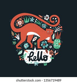 Monkey cartoon hand drawn illustration. Hello lettering in speech bubble. Wild rainforest animal vector greeting card. Flowers and leaves composition. Adorable flat mammal with pineapple