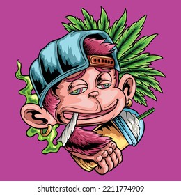 Monkey cartoon with ice cup and cannabis smoke