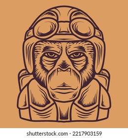 Monkey Cartoon illustration Monoline Vector Logo, chimpanzee vintage badge, creative emblem Design For Tshirt