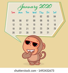 Monkey cartoon with January 2020 calendar concepts scene vector wallpaper backgrounds