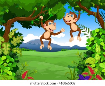 monkey cartoon with landscape background