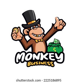 Logo de la mascota de los monos. Mono con ilustración vectorial de bolsa de dinero. Logo de los monos ricos. Diseño del logotipo vectorial de chimpancé