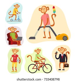 Monkey cartoon suit person costume character chimpanzee happiness man flat vector illustration