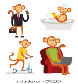 Monkey cartoon suit person costume character chimpanzee happiness man flat vector illustration