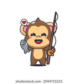 Monkey cartoon vector illustration catching fish with fishing rod
Design element for poster, brochure, web, mascot, sticker, logo and icon.