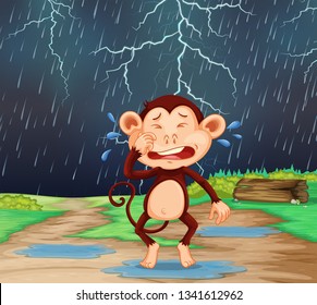 A monkey cary in raining scene illustration
