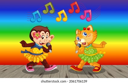 Monkey with cat cartoon character on rainbow gradient background illustration