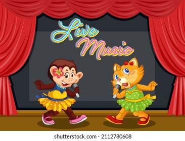 Monkey and cat performing singing on stage illustration