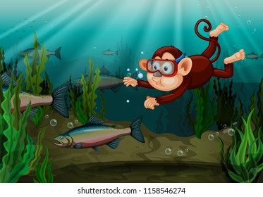 A monkey catching fish in the river illustration