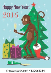 Monkey with champagne and christmas hat