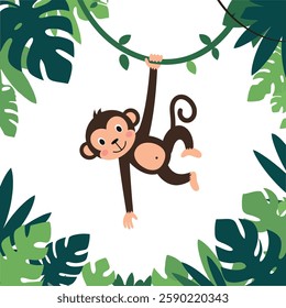 The monkey changes position while hanging from the branch.