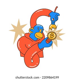 Mono cambiando una bombilla quemada. Inversión, minería de criptodivisa, búsqueda de nuevas ideas de negocio exitosas. Caricatura en ilustración vectorial. Objeto aislado.